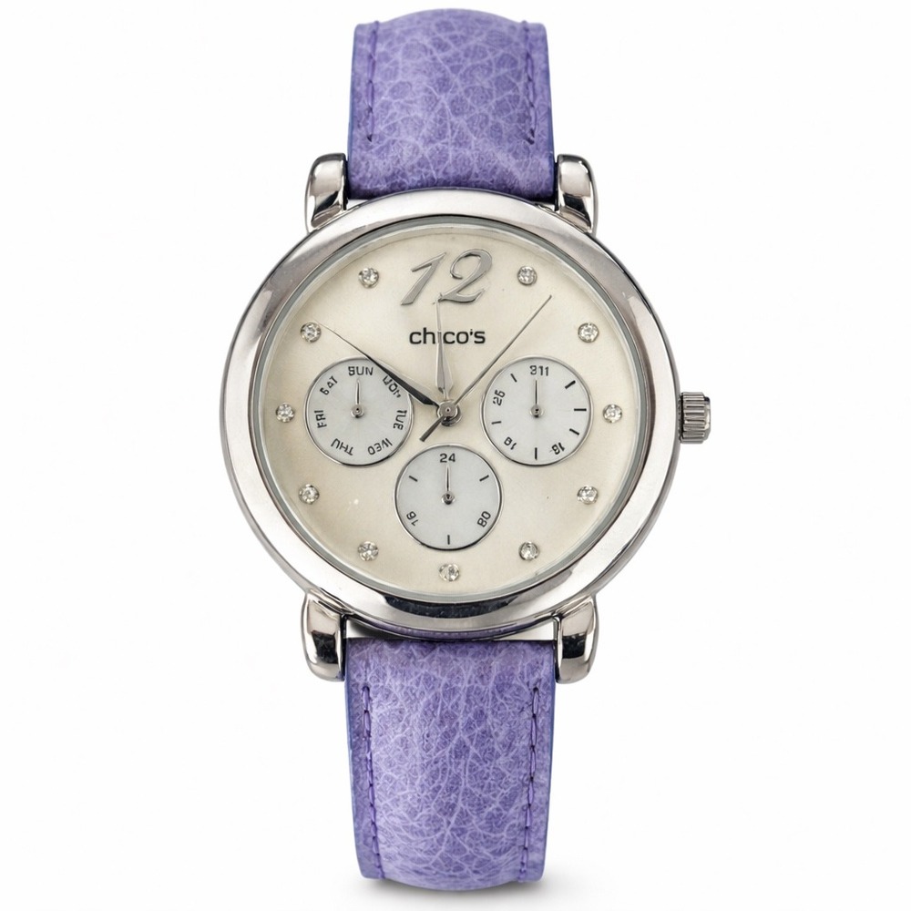 Chicos Multi Dial Watch Purple Leather Band Mother of Pearl Face Silver Tone 626